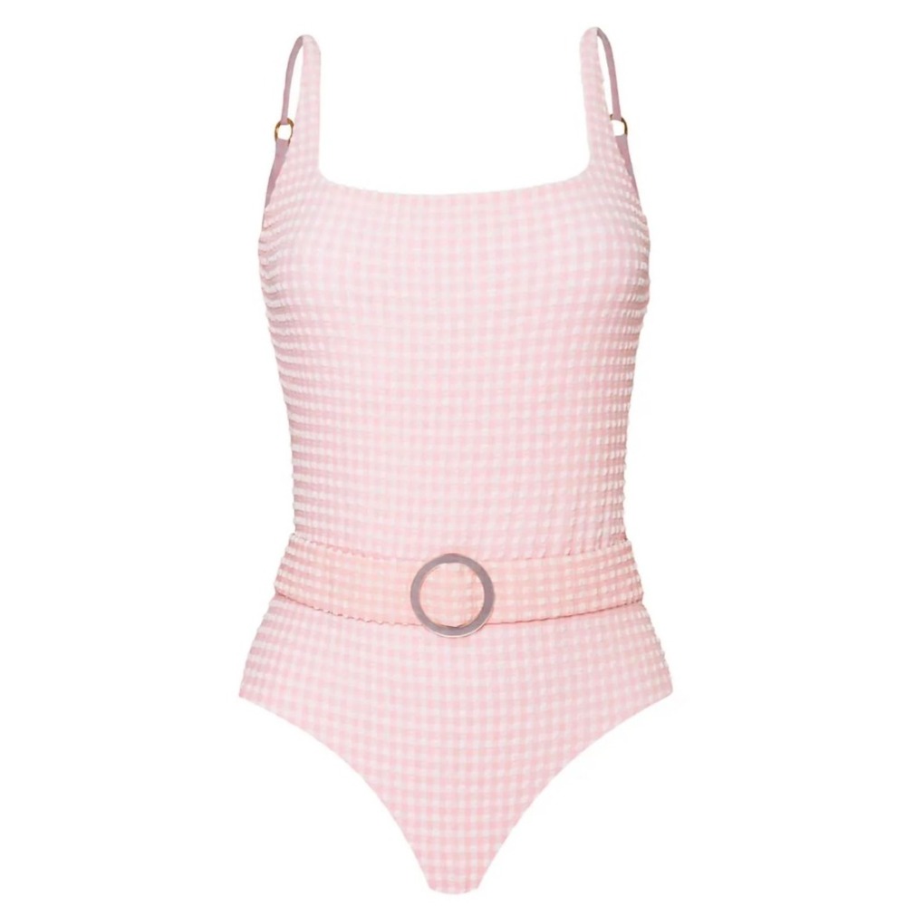 PQ Swim Lucia Belted One-Piece Swimsuit Pink White Gingham Seersucker Large NWT